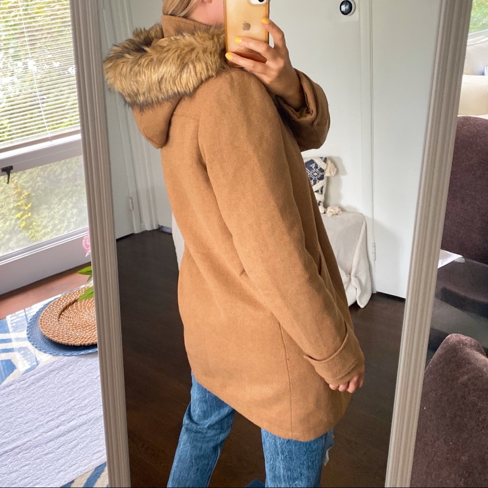 🍂 CHIC TAN FAUX FUR WOOL BLEND HOODED WINTER JACKET! - Picture 4 of 16